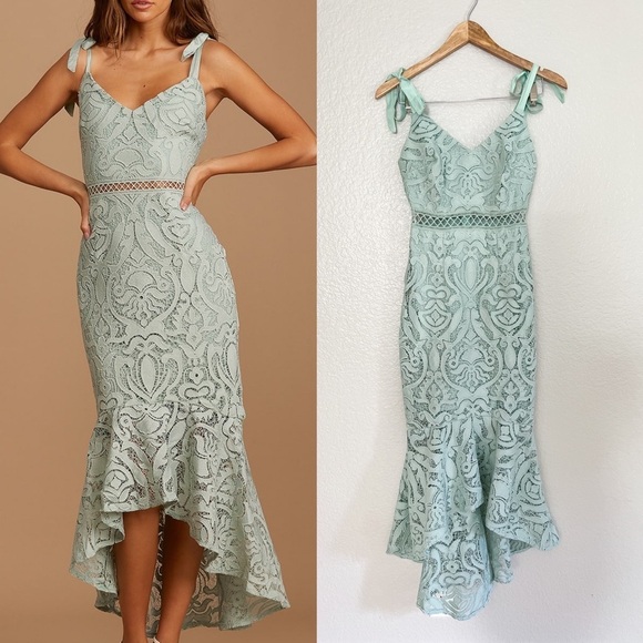 Won Your Heart Sage Green Lace Tie-Strap High-Low Midi Dress - Picture 1 of 11